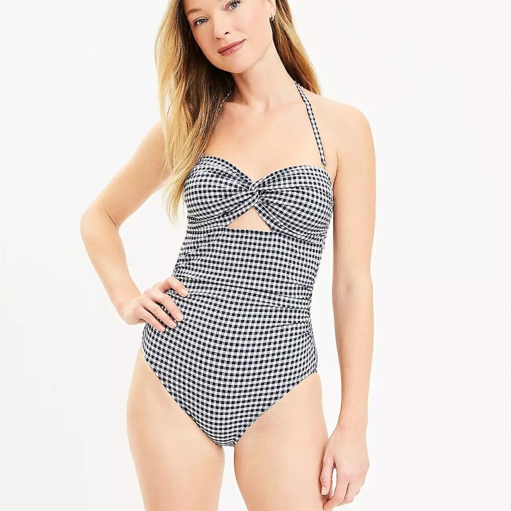 LOFT Beach Gingham Seersucker Shirred Twist Bandeau One Piece Swimsuit XL
